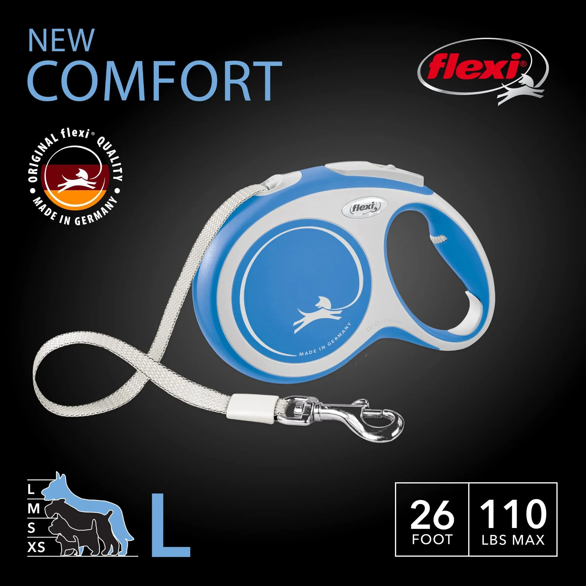 Flexi New Comfort Tape Rectractable Dog Leash - 110 Lbs - Blue - Large - 26 Feet