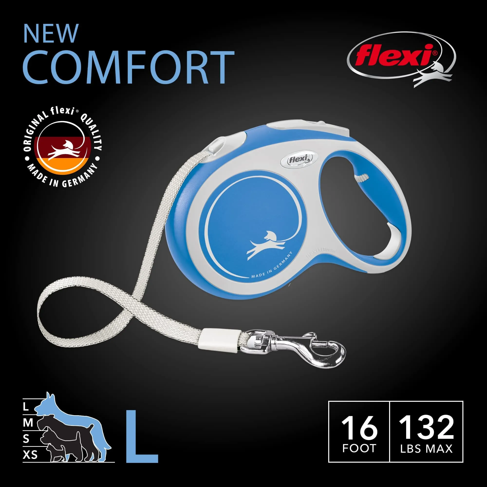 Flexi New Comfort Tape Rectractable Dog Leash - 55 Lbs - Blue - Medium - 16 Feet