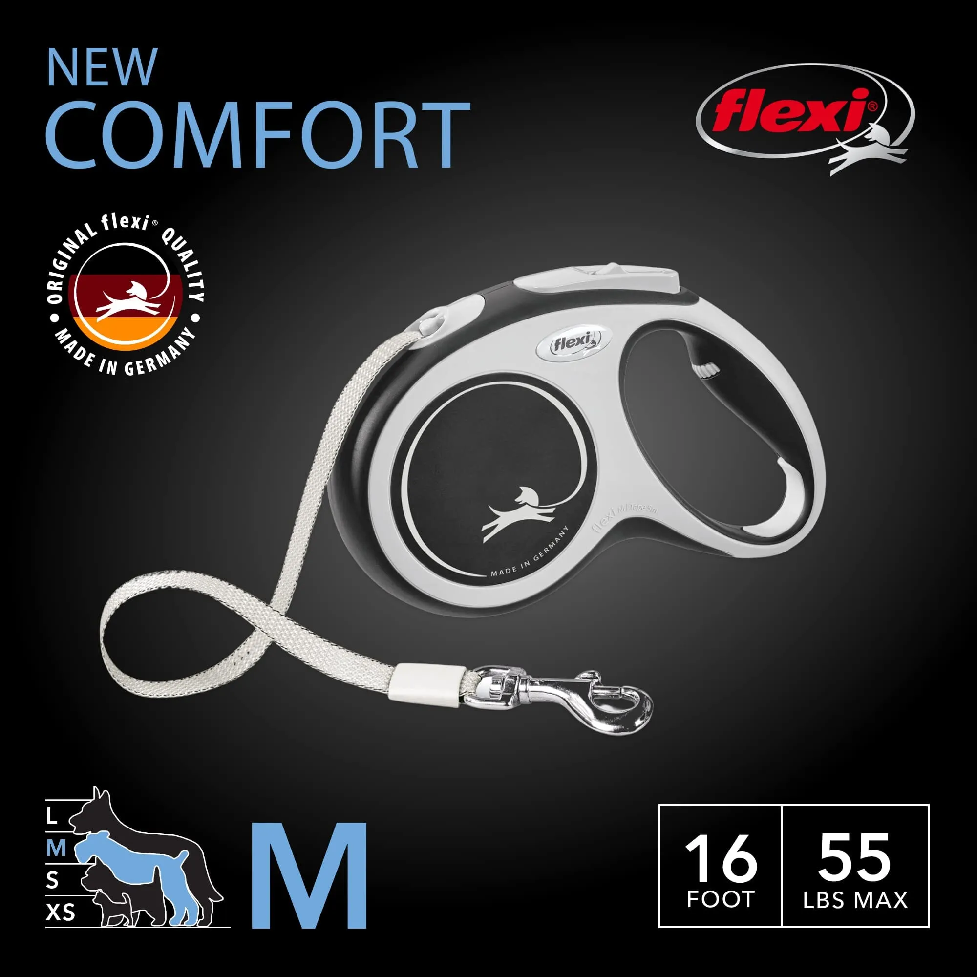 Flexi New Comfort Tape Rectractable Dog Leash - 55 Lbs - Gray - Medium - 16 Feet