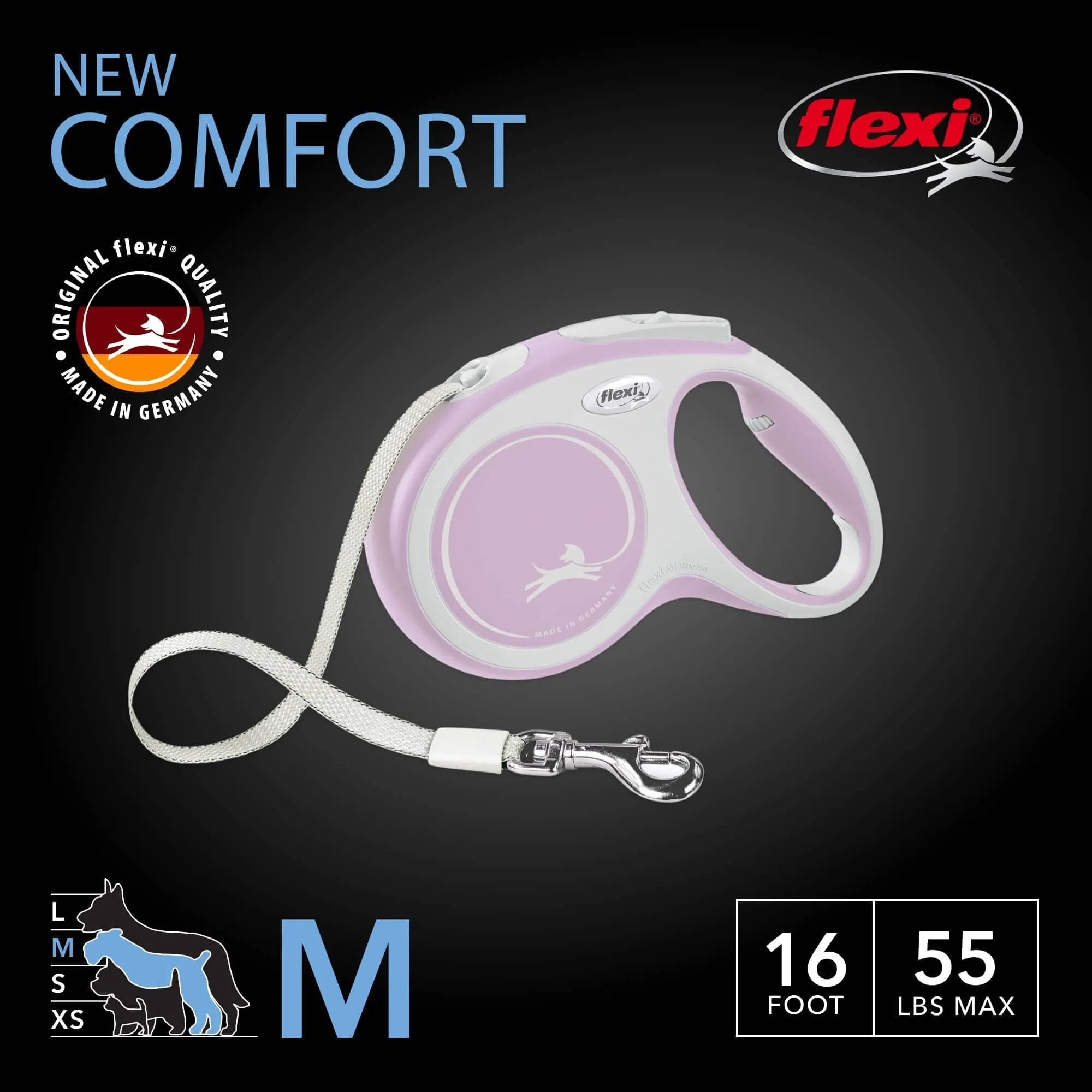 Flexi New Comfort Tape Rectractable Dog Leash - 55 Lbs - Pink - Medium - 16 Feet