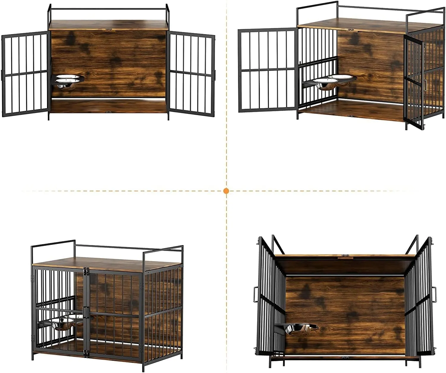 Furniture Style Large Dog Crate with 360° & Adjustable Raised Feeder for Dogs 2 Stainless Steel Bowls