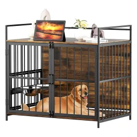 Furniture Style Large Dog Crate with 360° & Adjustable Raised Feeder for Dogs 2 Stainless Steel Bowls