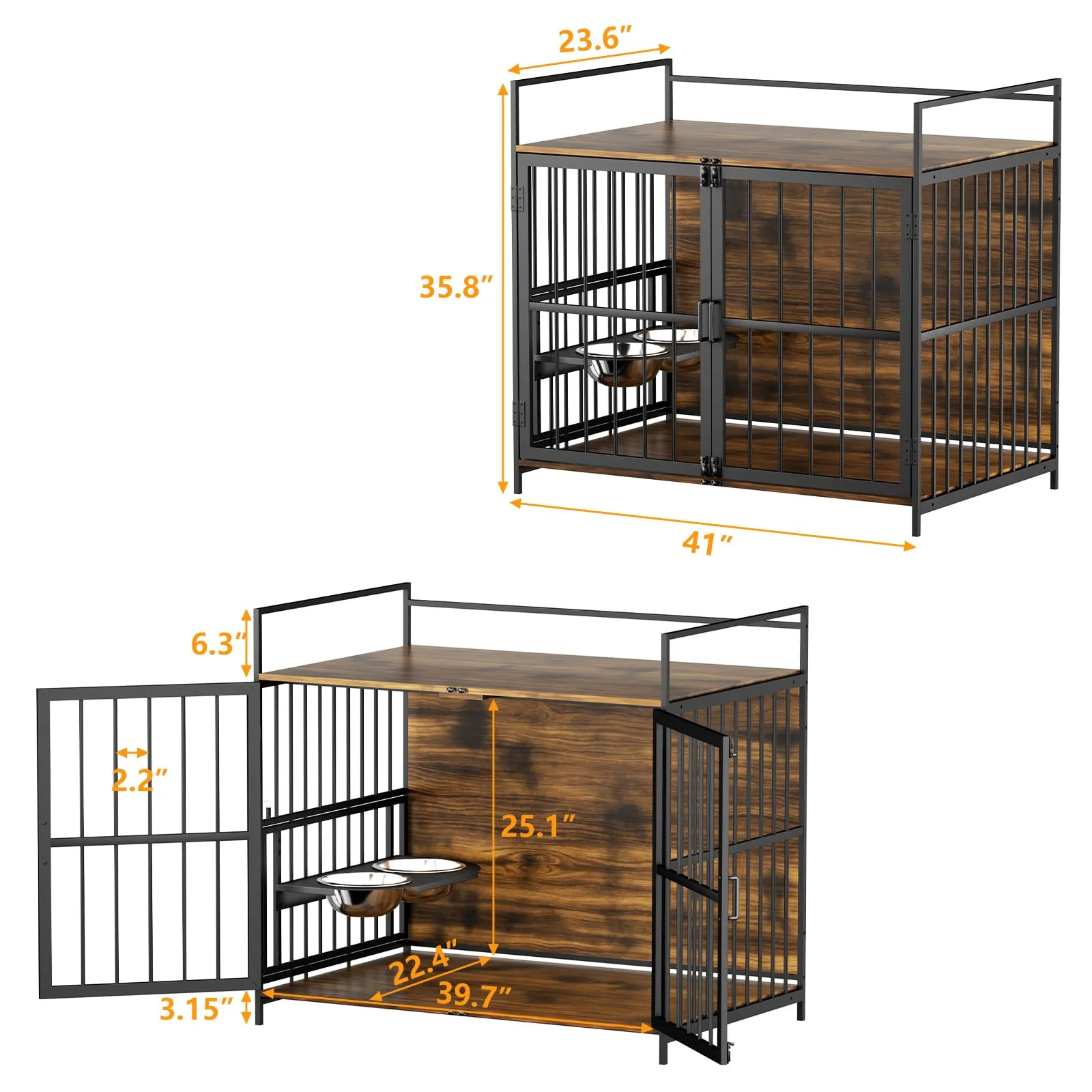 Furniture Style Large Dog Crate with 360° & Adjustable Raised Feeder for Dogs 2 Stainless Steel Bowls