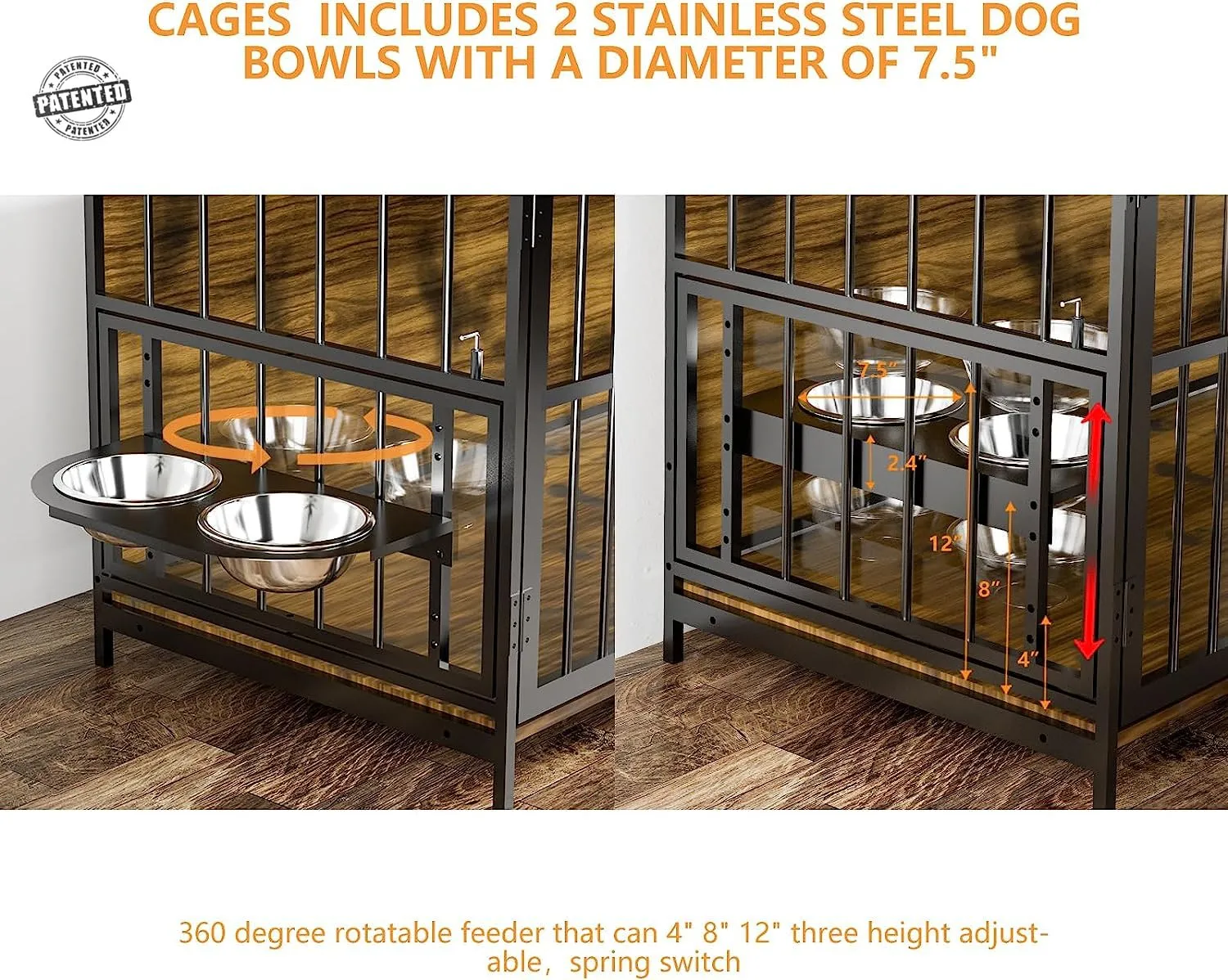 Furniture Style Large Dog Crate with 360° & Adjustable Raised Feeder for Dogs 2 Stainless Steel Bowls