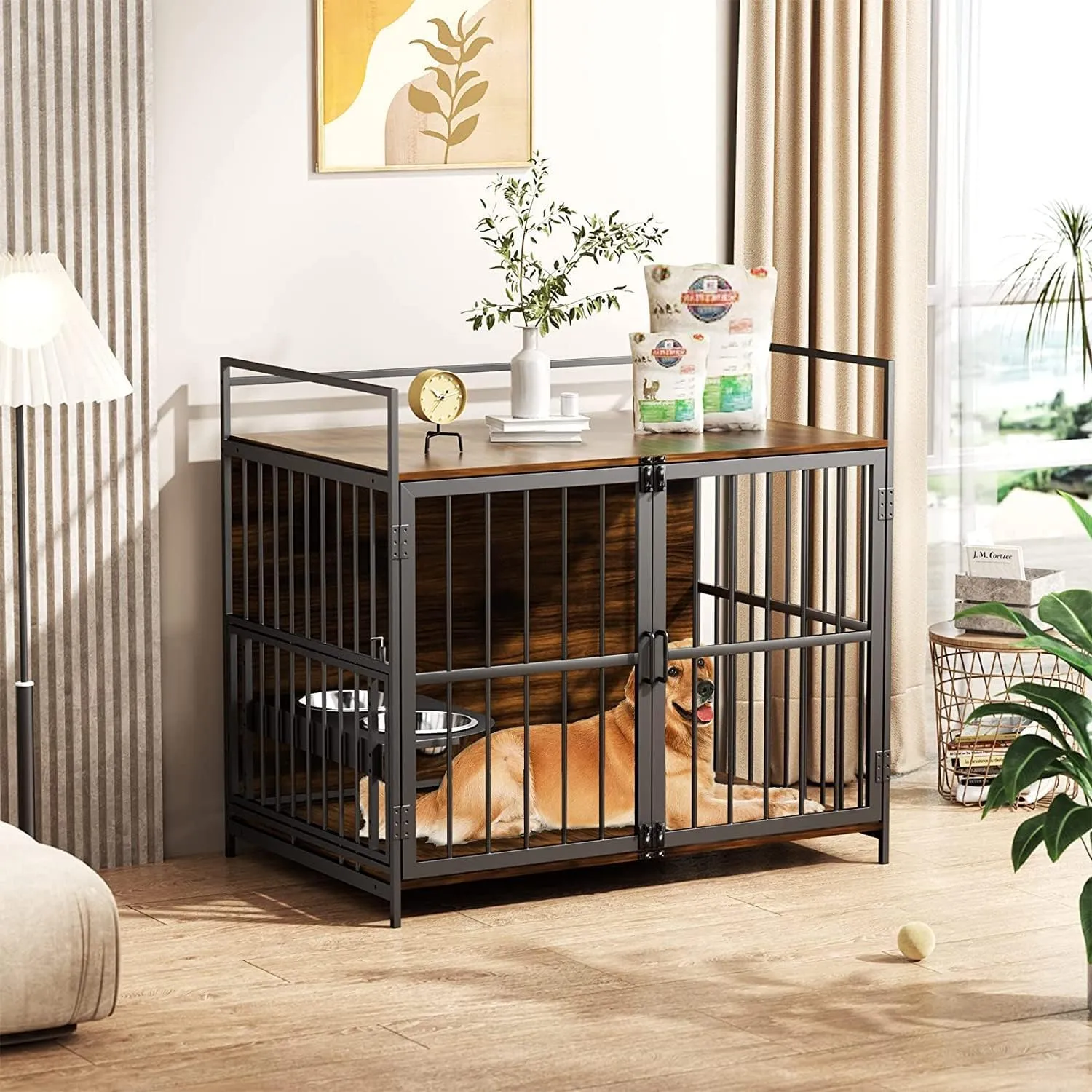 Furniture Style Large Dog Crate with 360° & Adjustable Raised Feeder for Dogs 2 Stainless Steel Bowls