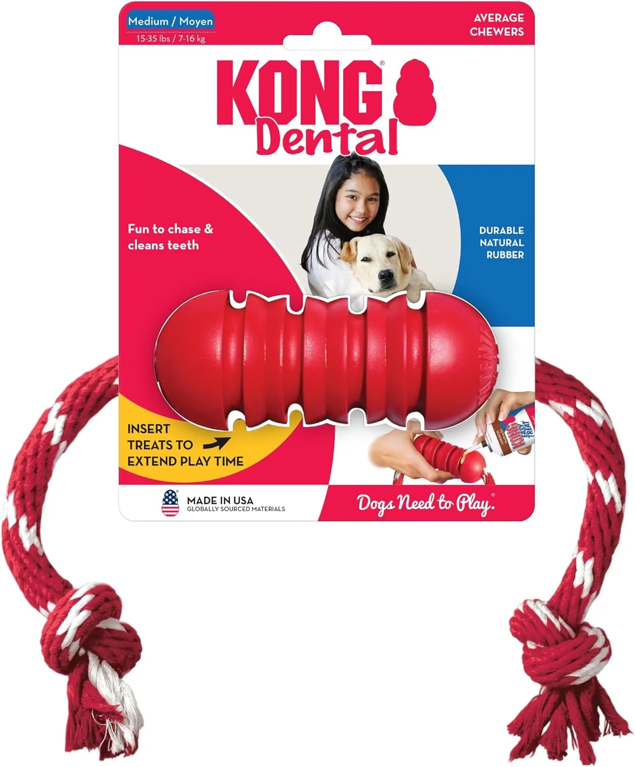 KONG Dental with Rope- for Dog Dental Care - Stuffable Chew Toy - Provides Chewing Outlet & Satisfies Instinctual Needs - Cleans Teeth & Gums - Made with Durable Natural Rubber - for Medium Dogs