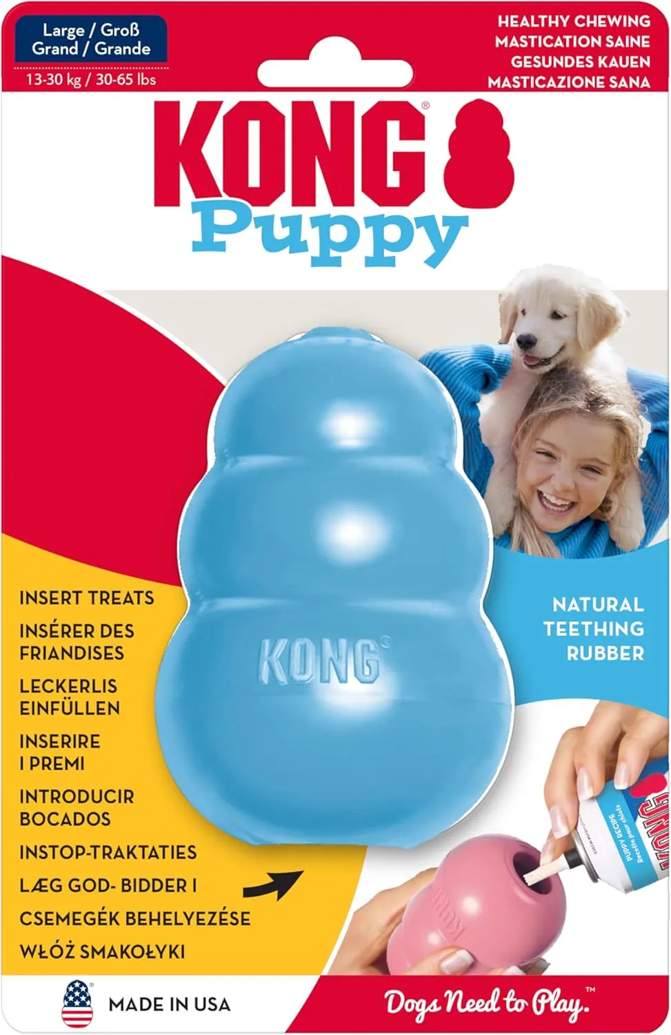 KONG Puppy - Natural Teething Rubber Chew Toy for Dogs - Stuffable Dog Toy for Extended Playtime - Chew & Fetch Toy for Puppies - For Large Puppies - Blue