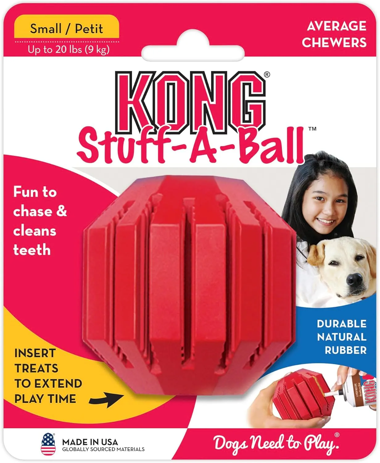 KONG Stuff-A-Ball - Durable Chew Toy for Dogs - Natural Rubber Dog Toy for Dental Health - Pet Toy for Chewing & Teeth Cleaning - Stuffable Toy for Dog Treats & Snacks - for Small Dogs