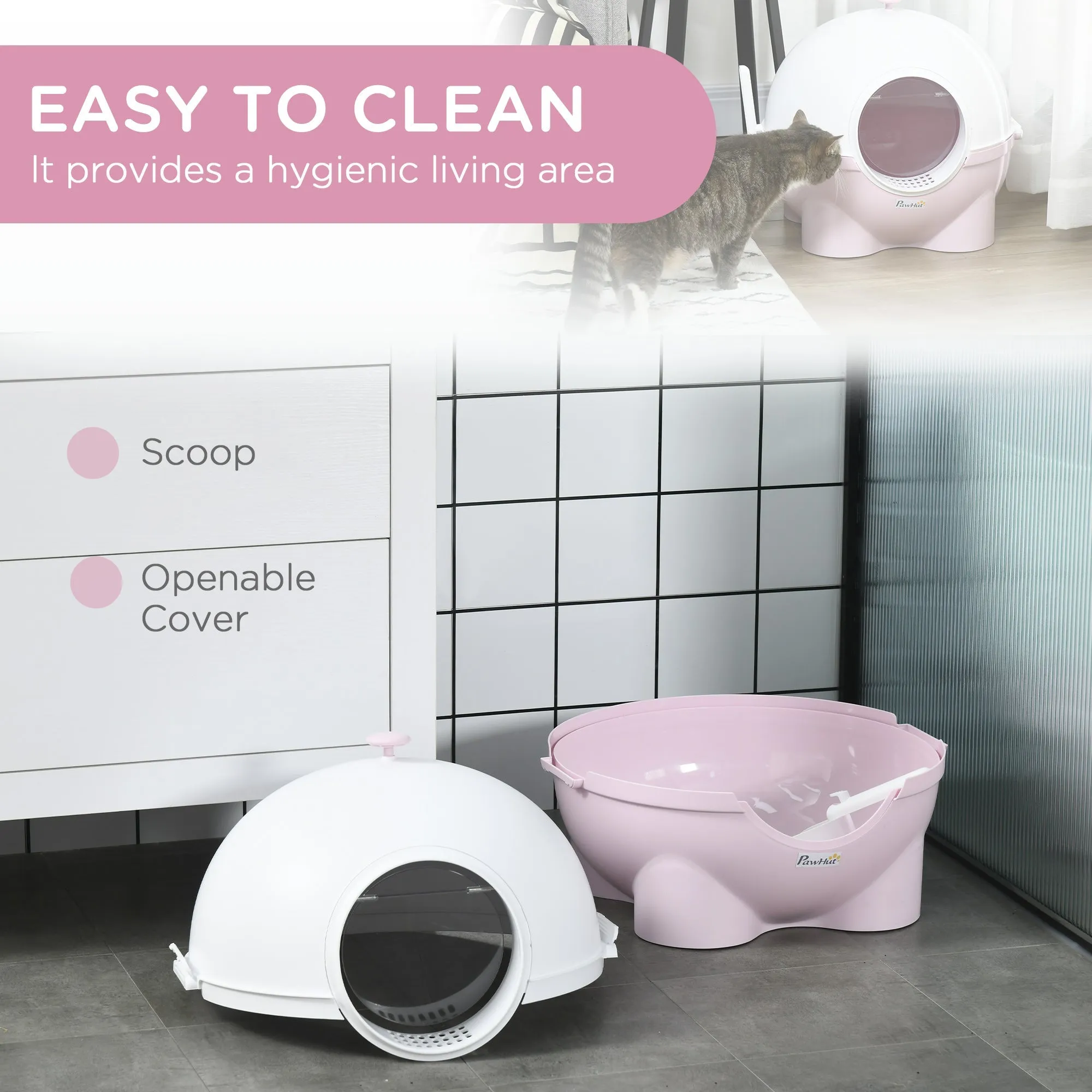 Large Cat Litter Box Hooded Cat Litter Tray with Lid Scoop Top Handle Front Entrance 53 x 51 x 48cm - Pink