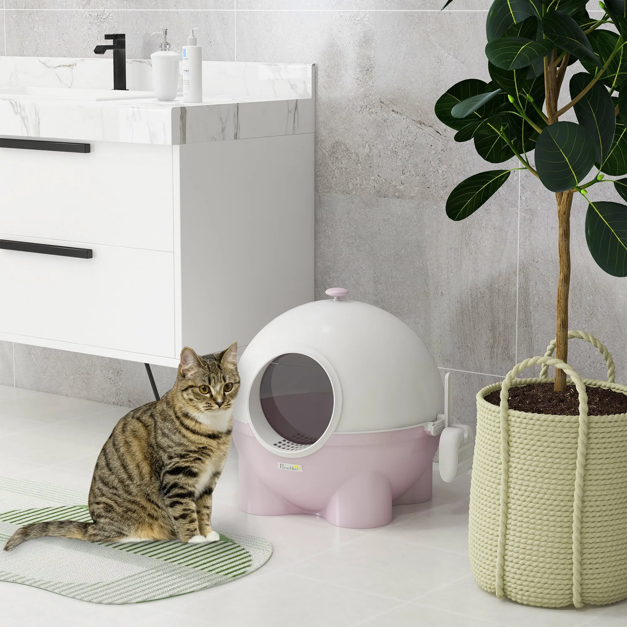 Large Cat Litter Box Hooded Cat Litter Tray with Lid Scoop Top Handle Front Entrance 53 x 51 x 48cm - Pink