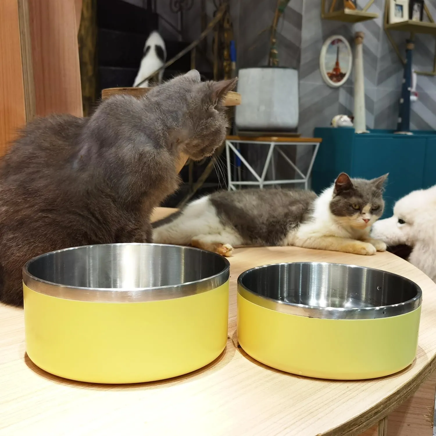Light Yellow Stainless Steel 64oz Dog Bowls for Large Dogs Non-Slip & Rustproof