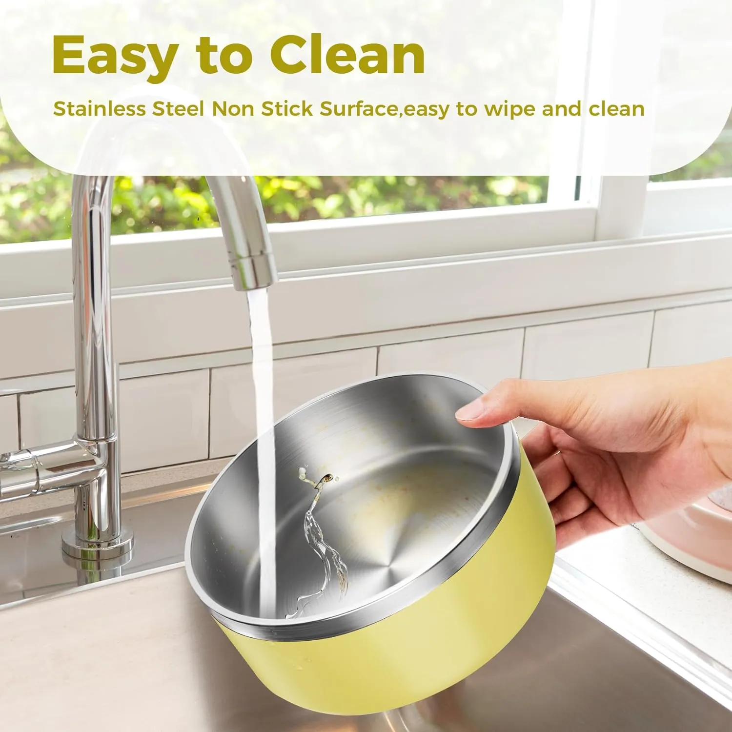 Light Yellow Stainless Steel 64oz Dog Bowls for Large Dogs Non-Slip & Rustproof