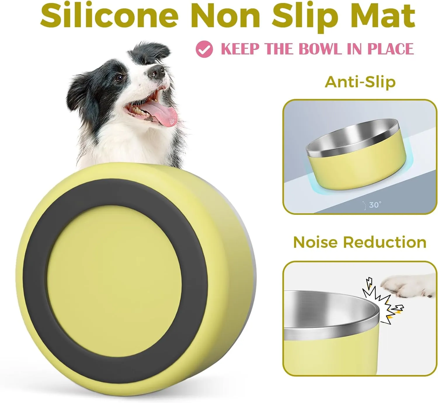Light Yellow Stainless Steel 64oz Dog Bowls for Large Dogs Non-Slip & Rustproof