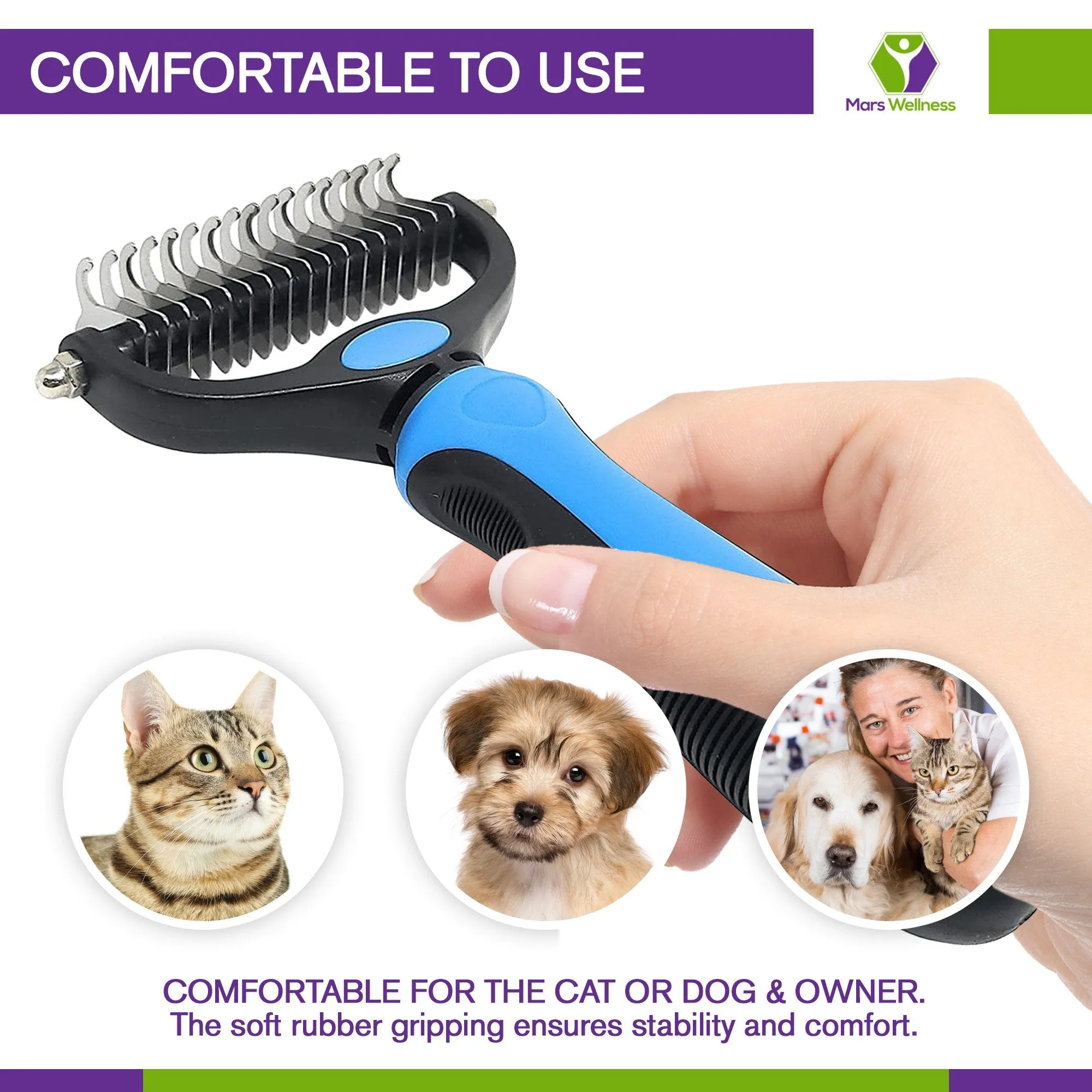 MARS WELLNESS Pet Grooming Brush - Double Sided Shedding and Dematting Tool  for Cats and Dogs - Large