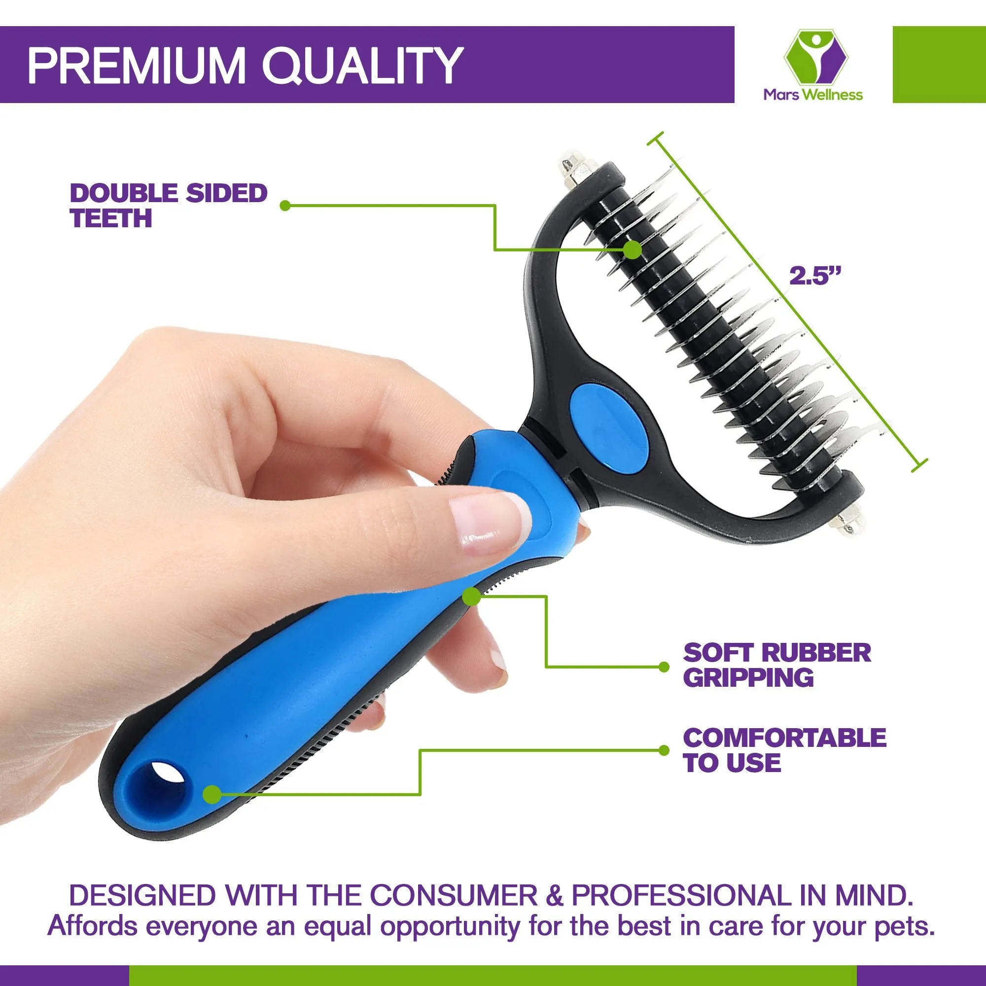 MARS WELLNESS Pet Grooming Brush - Double Sided Shedding and Dematting Tool  for Cats and Dogs - Large