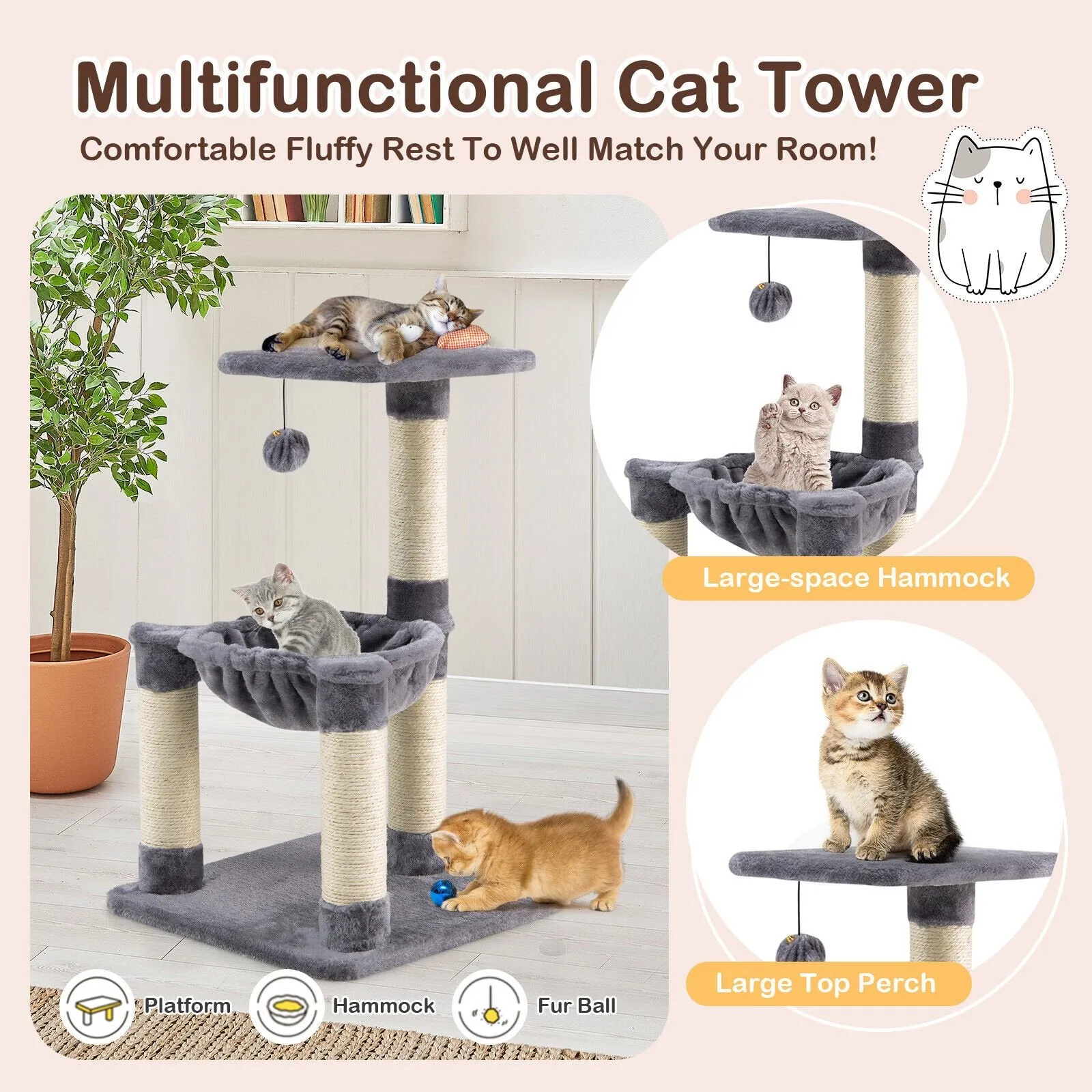 Multi-level Cat Activity Tree with Top Perch and Scratching Posts-Grey
