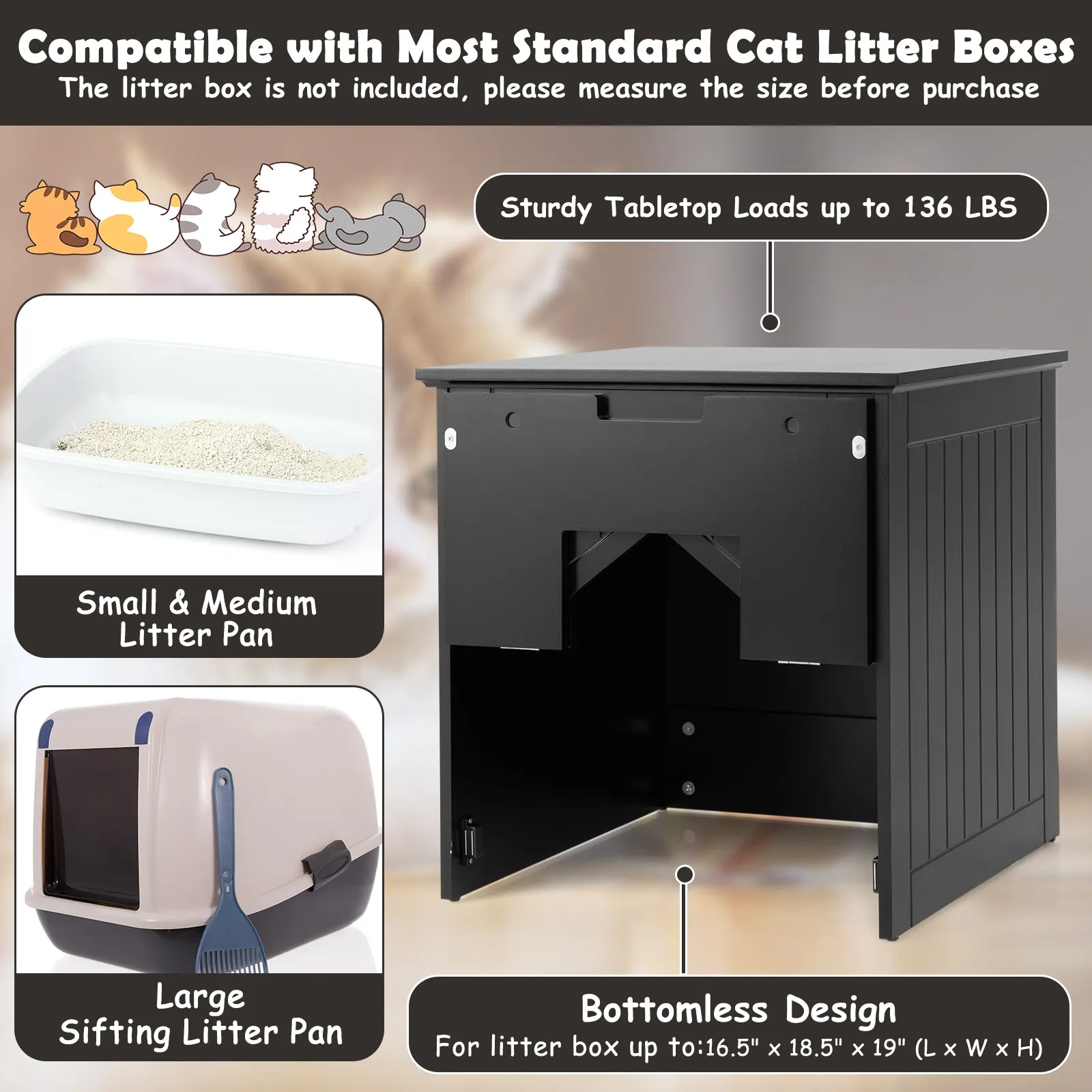 NNECW Multifunctional Cat Litter Box Enclosure with Flip Magnetic Half Door-Black