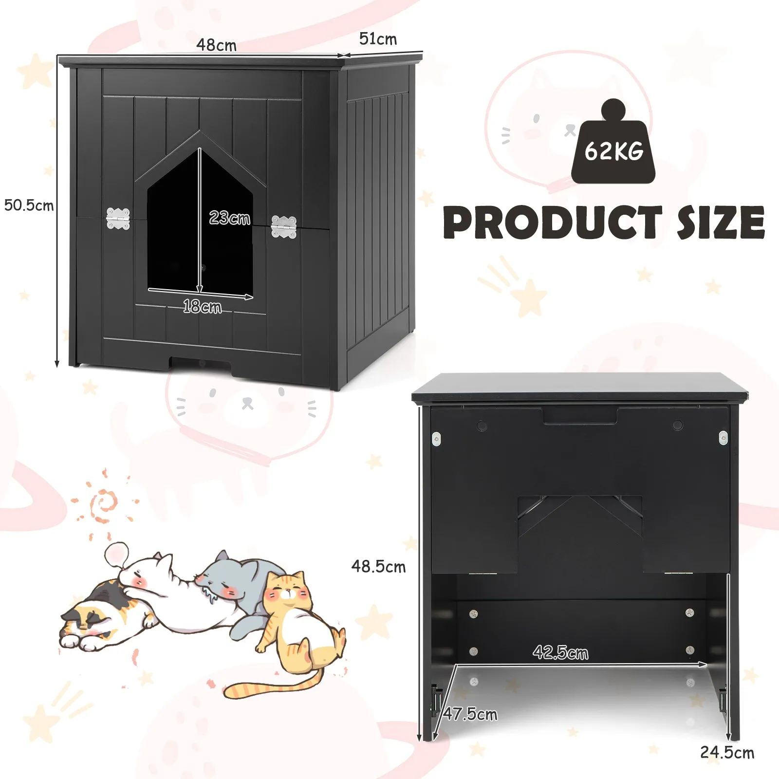 NNECW Multifunctional Cat Litter Box Enclosure with Flip Magnetic Half Door-Black