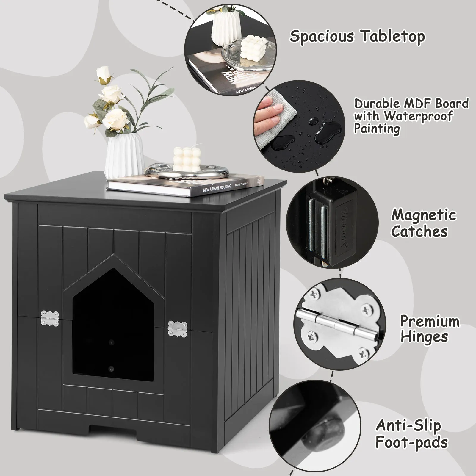 NNECW Multifunctional Cat Litter Box Enclosure with Flip Magnetic Half Door-Black