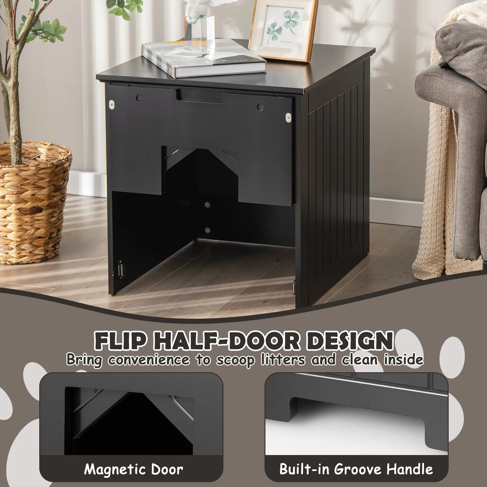 NNECW Multifunctional Cat Litter Box Enclosure with Flip Magnetic Half Door-Black
