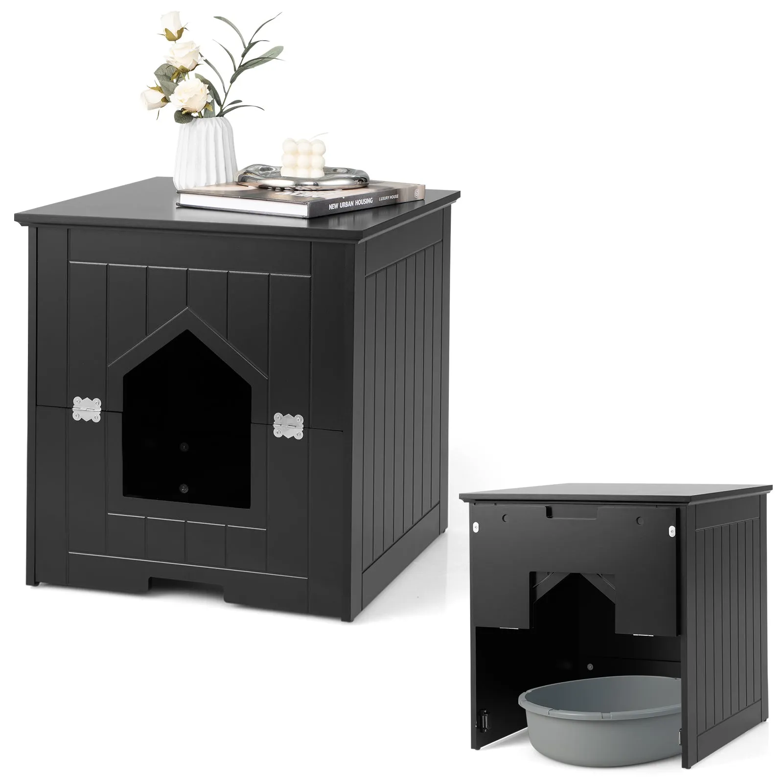 NNECW Multifunctional Cat Litter Box Enclosure with Flip Magnetic Half Door-Black