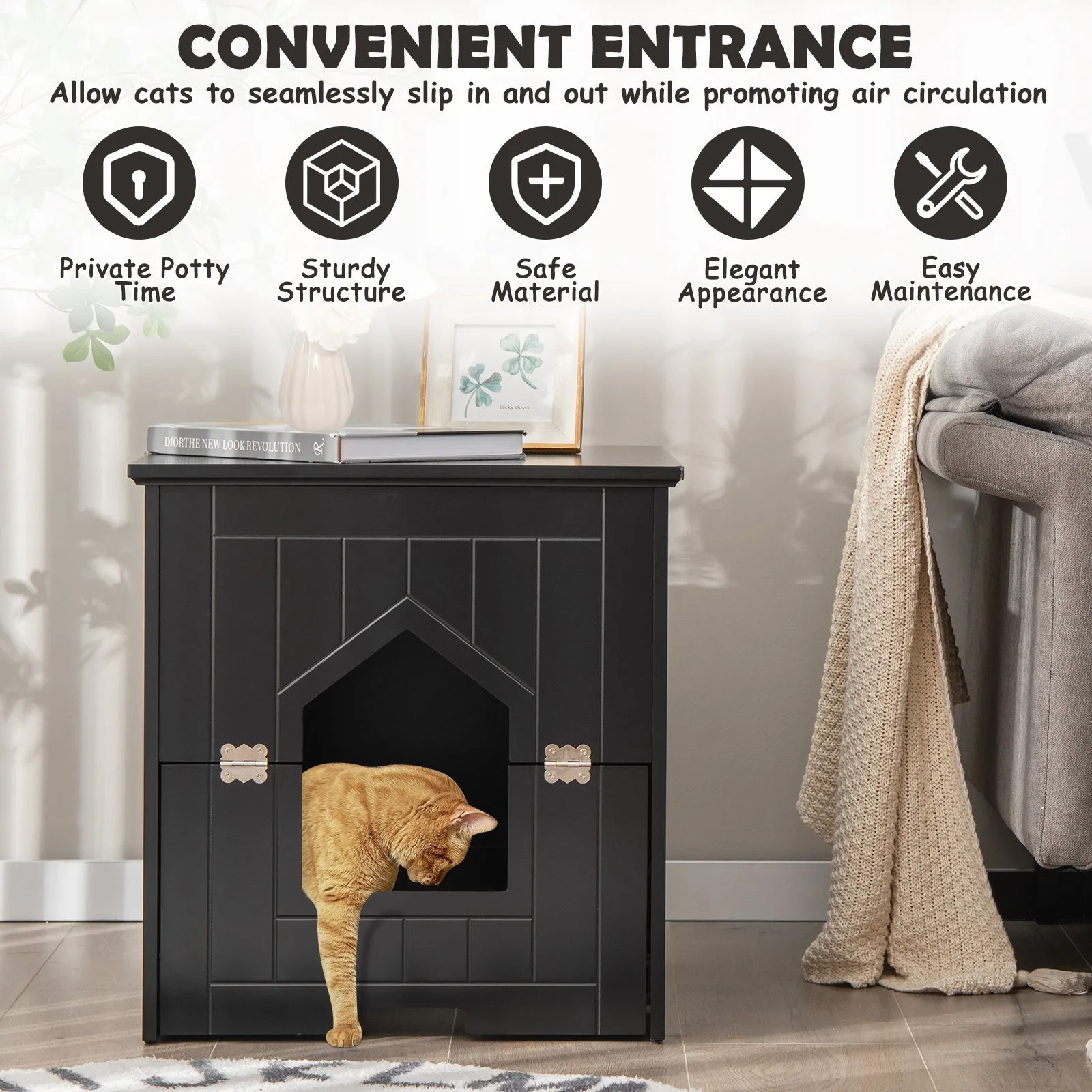 NNECW Multifunctional Cat Litter Box Enclosure with Flip Magnetic Half Door-Black