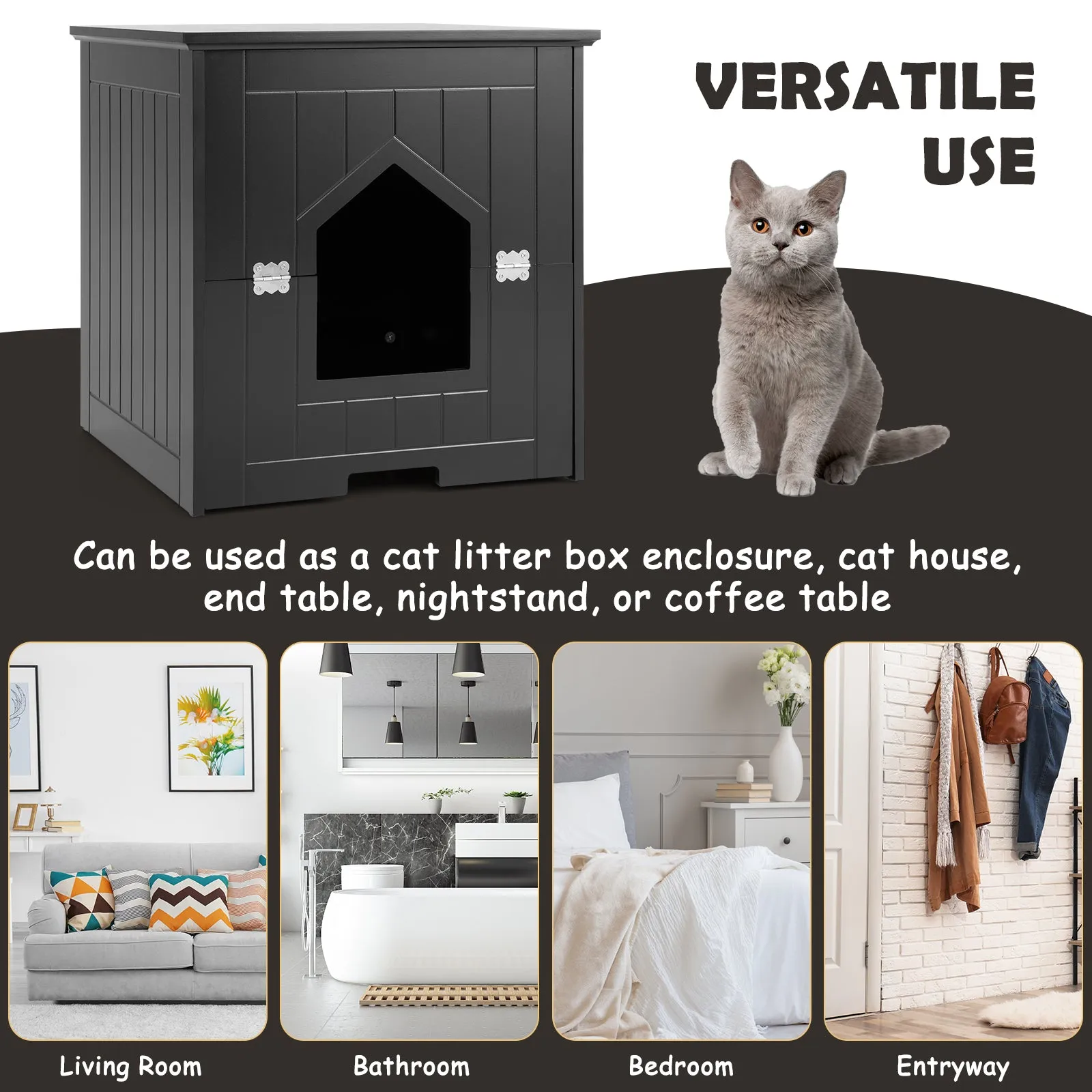 NNECW Multifunctional Cat Litter Box Enclosure with Flip Magnetic Half Door-Black