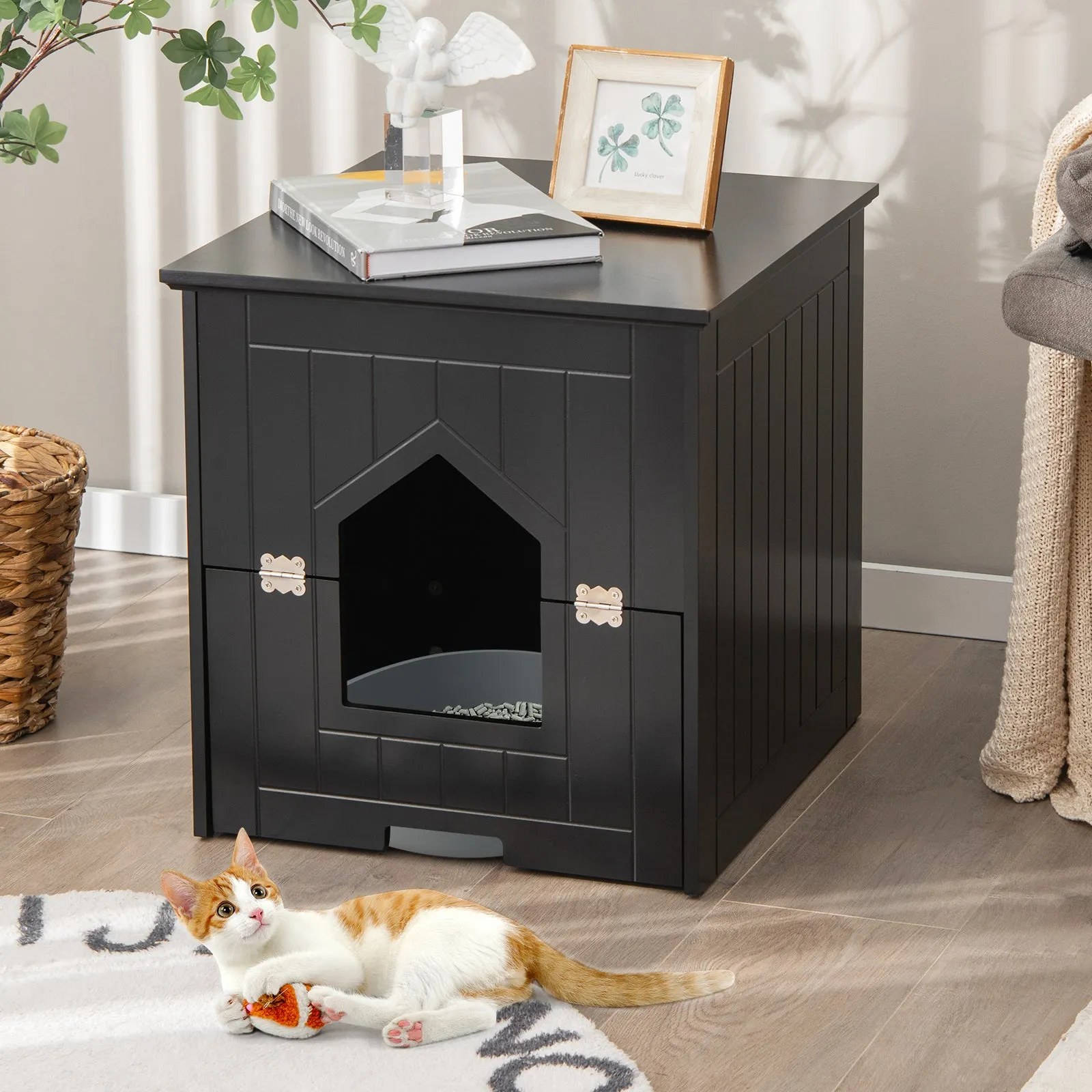 NNECW Multifunctional Cat Litter Box Enclosure with Flip Magnetic Half Door-Black