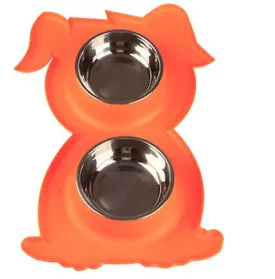 orange Stainless Steel Double Pet Bowl Dog Cat Twin Food Water Dish Feeding Station AZ21789