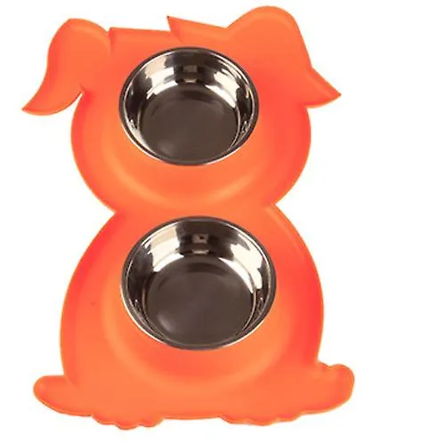 orange Stainless Steel Double Pet Bowl Dog Cat Twin Food Water Dish Feeding Station AZ21789