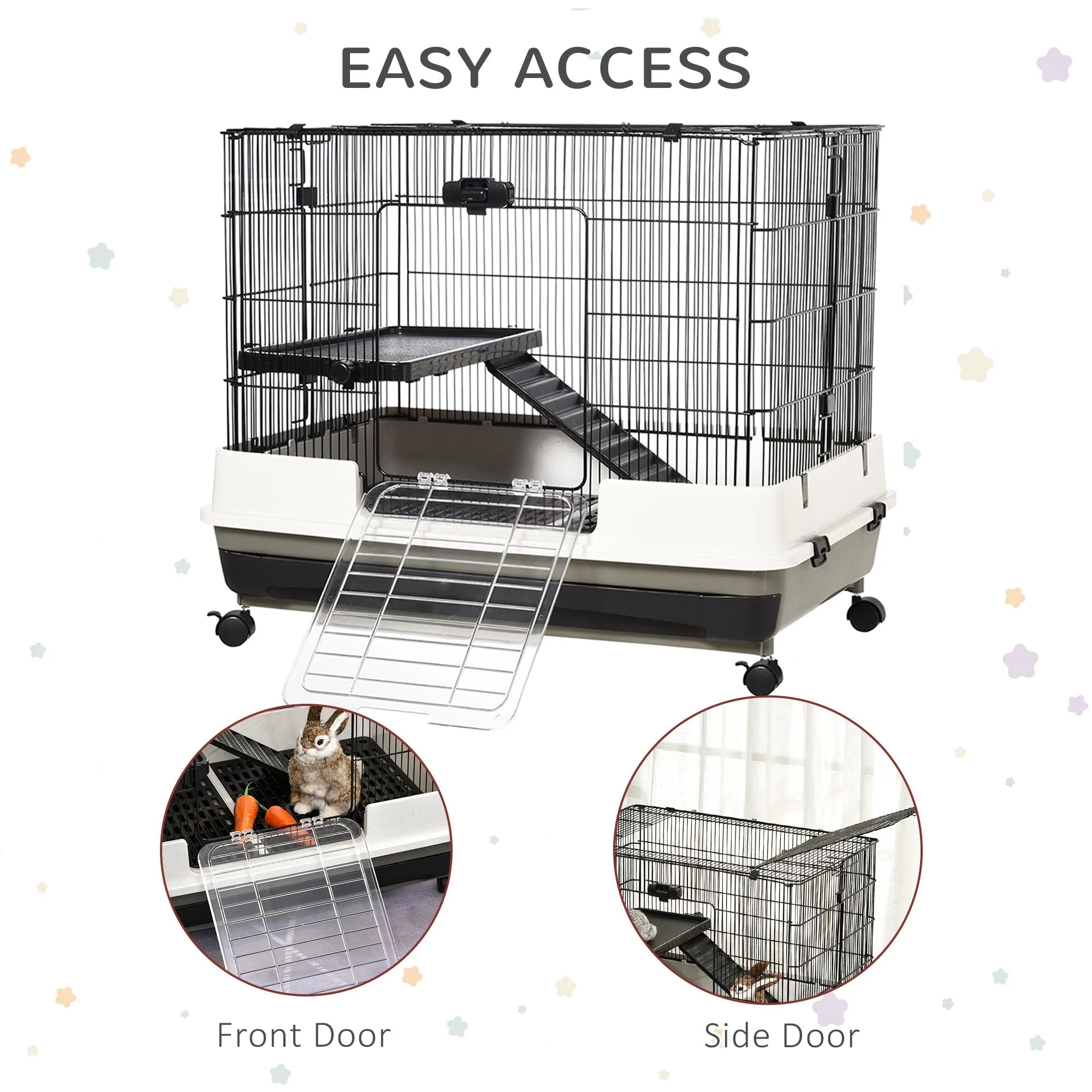 PawHut 2 Tier Rolling Small Animal Rabbit Cage Chinchillas Hutch Pet Play House with Platform Ramp Removable Tray 80 x 52.7 x 66 cm