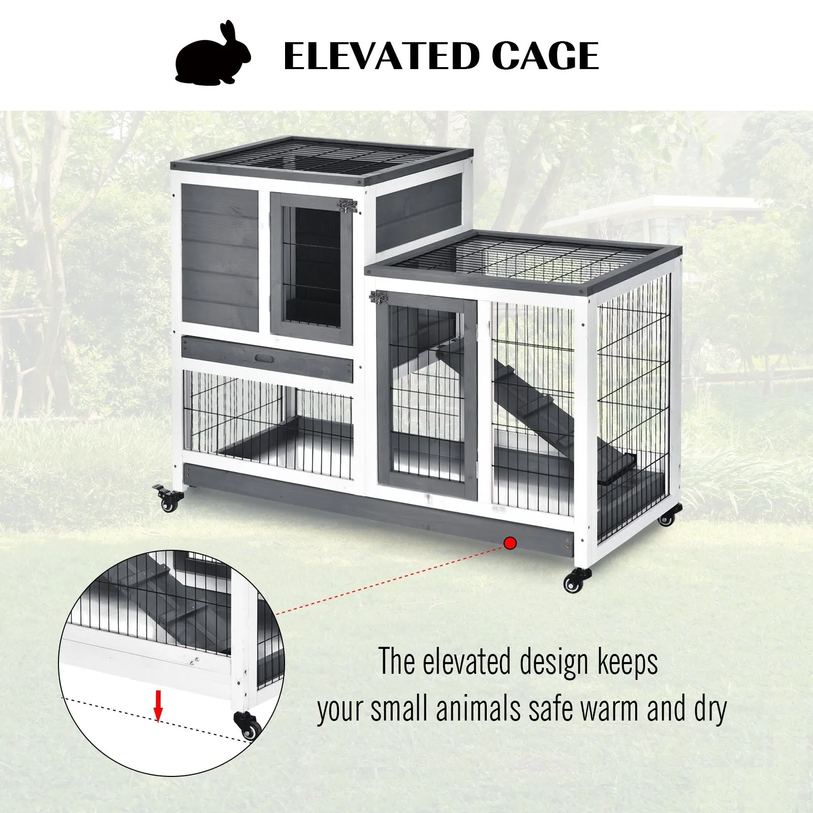 PawHut Small Animals 2-Tier Fir Wood Rabbit Hutch Indoor Grey