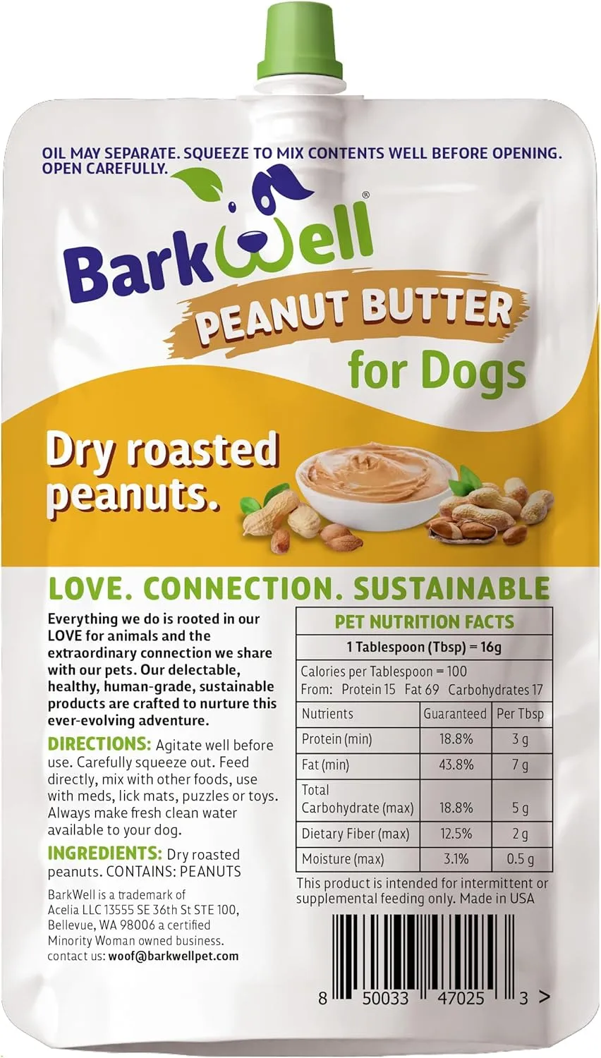 Peanut Butter Squeeze - 8oz Pouch All-Natural Dog Peanut Butter, Sourced and Made in The USA Grain Free Dog Treat 100% Natural, Lick mat Topper, Puzzle Toy Fill