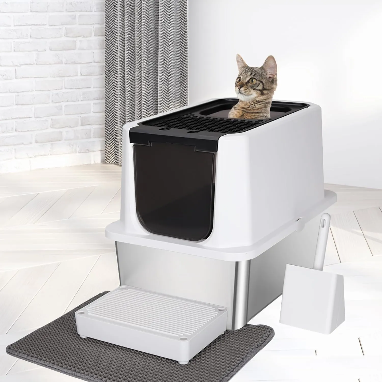 RIZZARI Stainless Steel Cat Litter Box, Odorless Enclosed Litter Box with Top Holes, Large Litter Pan for Small to Large Sized Cats (Black, 24" L*16" W*18" H)