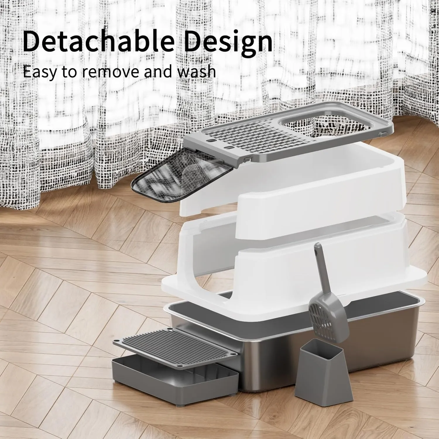 RIZZARI Stainless Steel Cat Litter Box, Odorless Enclosed Litter Box with Top Holes, Large Litter Pan for Small to Large Sized Cats (Dark Gray, 23.8" L*15.9" W*16.1" H)