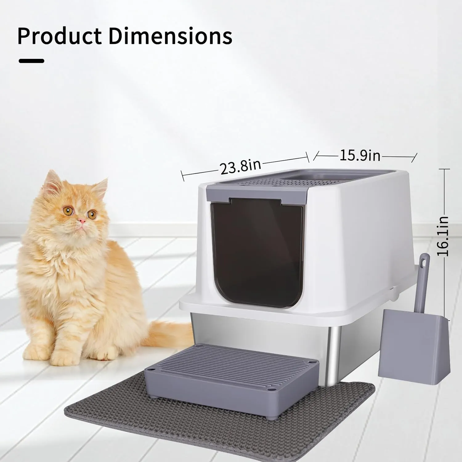 RIZZARI Stainless Steel Cat Litter Box, Odorless Enclosed Litter Box with Top Holes, Large Litter Pan for Small to Large Sized Cats (Light Gray, 23.8" L*15.9" W*16.1" H)