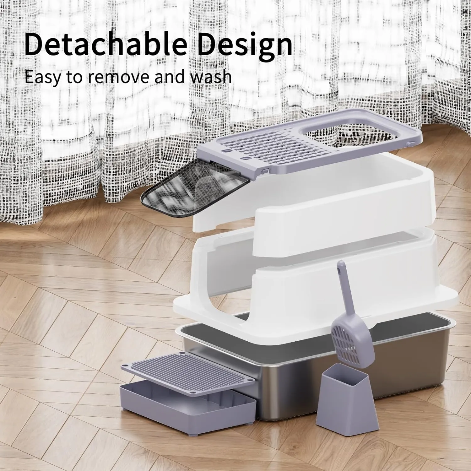 RIZZARI Stainless Steel Cat Litter Box, Odorless Enclosed Litter Box with Top Holes, Large Litter Pan for Small to Large Sized Cats (Light Gray, 23.8" L*15.9" W*16.1" H)