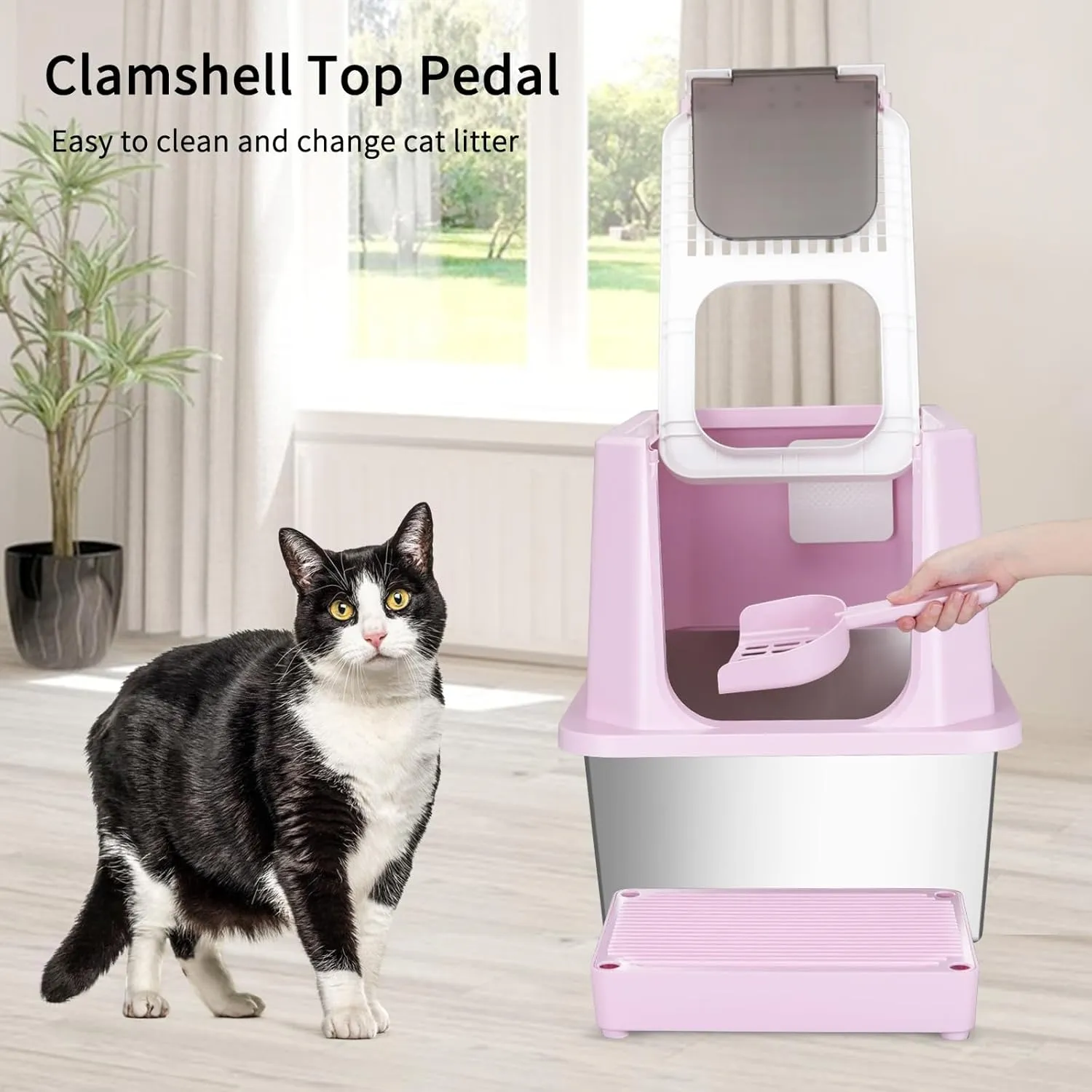 RIZZARI Stainless Steel Cat Litter Box, Semi-Enclosed with Raised Edges, Anti-Leakage & Odorless, Large for Small to Large Cats (Deep Pink, 23.8" L*15.9" W*18" H)