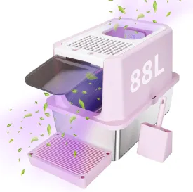 RIZZARI Stainless Steel Cat Litter Box, Semi-Enclosed with Raised Edges, Anti-Leakage & Odorless, Large for Small to Large Cats (Deep Pink, 23.8" L*15.9" W*18" H)
