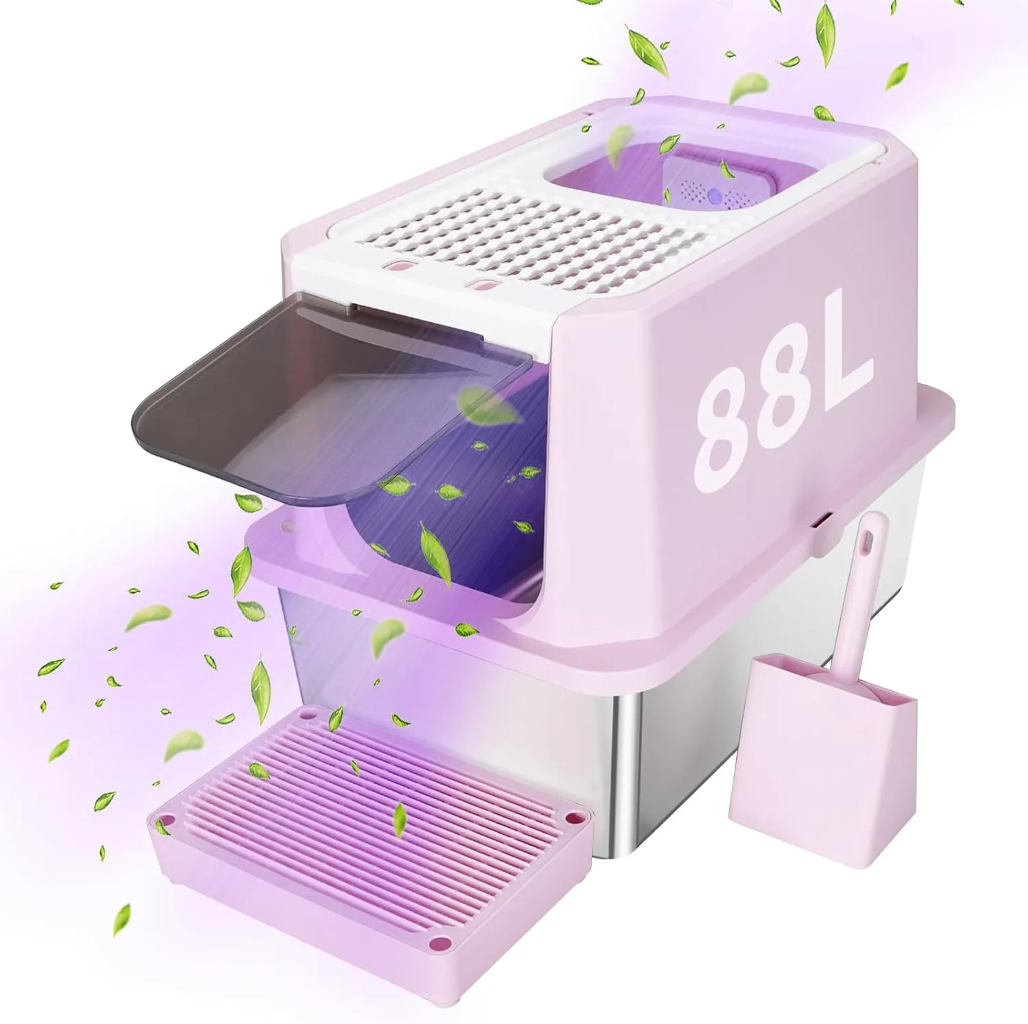 RIZZARI Stainless Steel Cat Litter Box, Semi-Enclosed with Raised Edges, Anti-Leakage & Odorless, Large for Small to Large Cats (Deep Pink, 23.8" L*15.9" W*18" H)