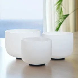 Set of 3 White Frosted Quartz Crystal Singing Bowls - Harmonize Your Space - Chakra-Tuned 8"B, 10"E, 12"C.