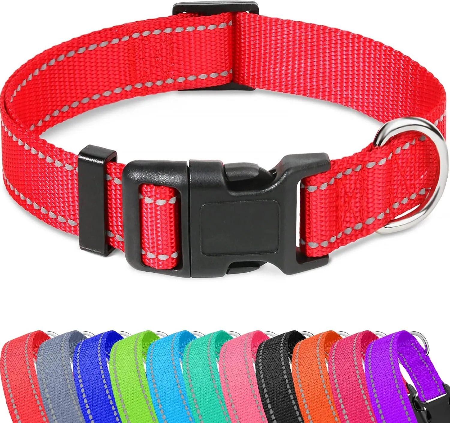 Taglory Reflective Adjustable Dog Collars for Puppy Small Medium Large Dogs, Thin Nylon Webbing and Quick Release Plastic Buckle(Red, XSmall)