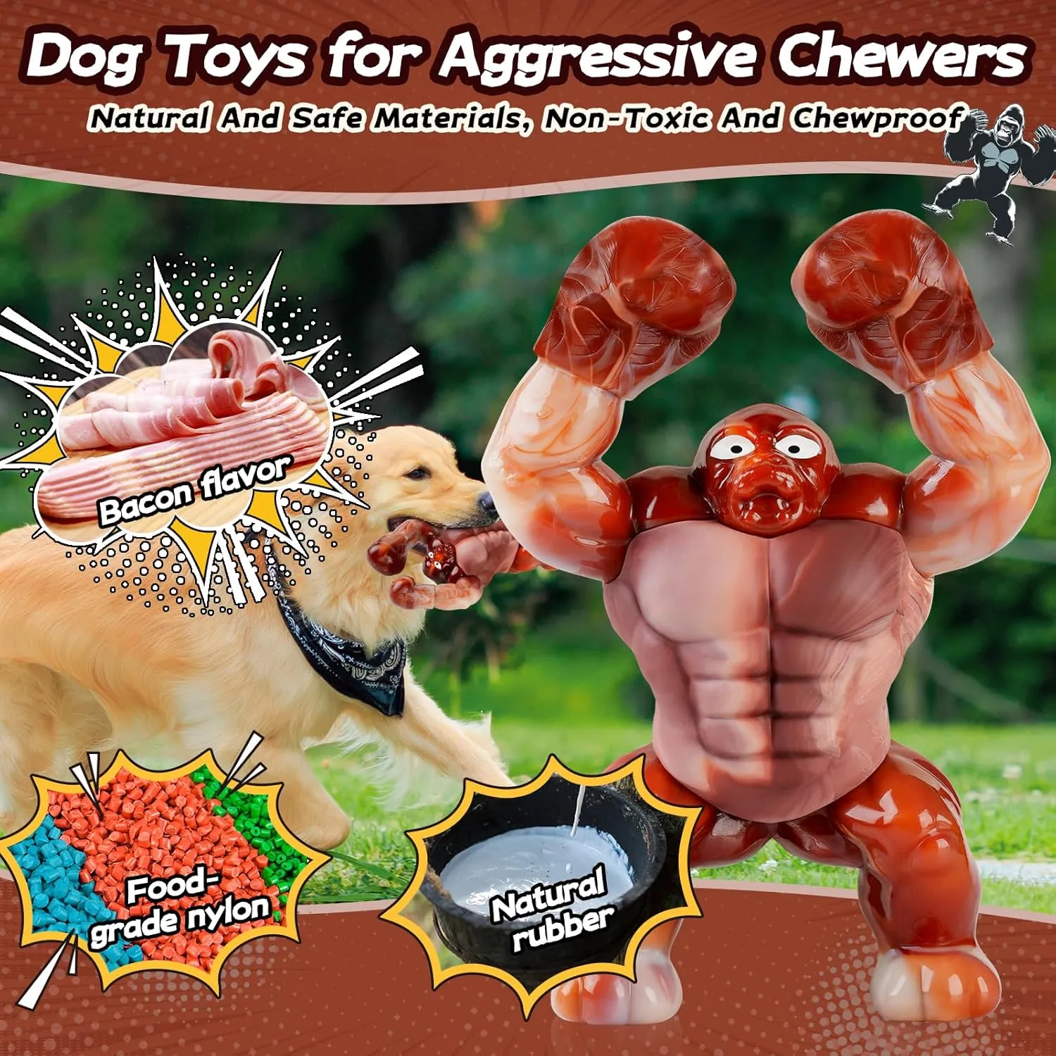 Tough Dog Toys for Aggressive Chewers  Indestructible Chew Toys for Medium & Large Dogs, Squeaky Toys to Keep Them Busy, Reduce Anxiety, Bacon Flavor