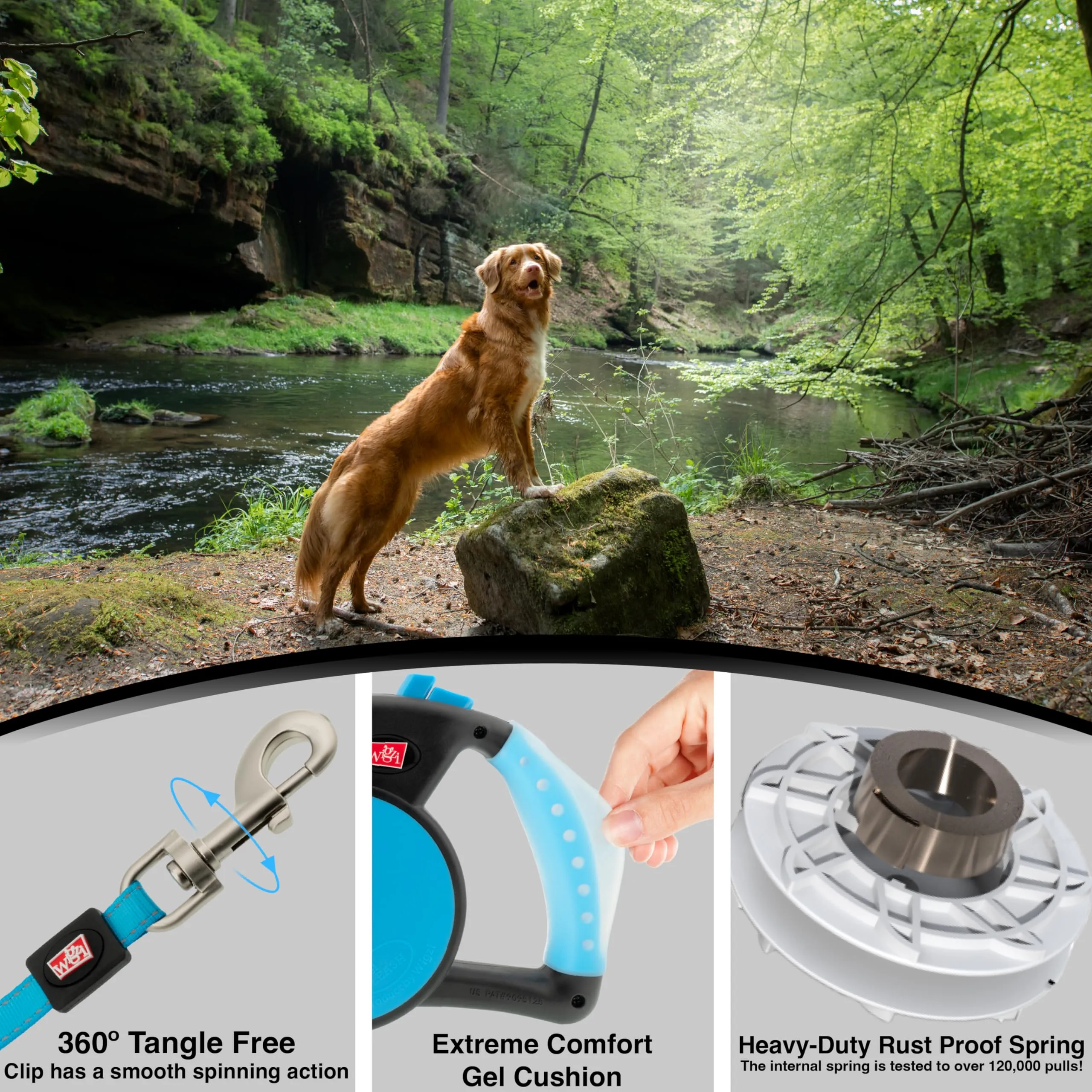 Wigzi Gel Handle Gripped Tape Retractable Nylon Dog Leash - Blue - Medium - Up to 16 Feet