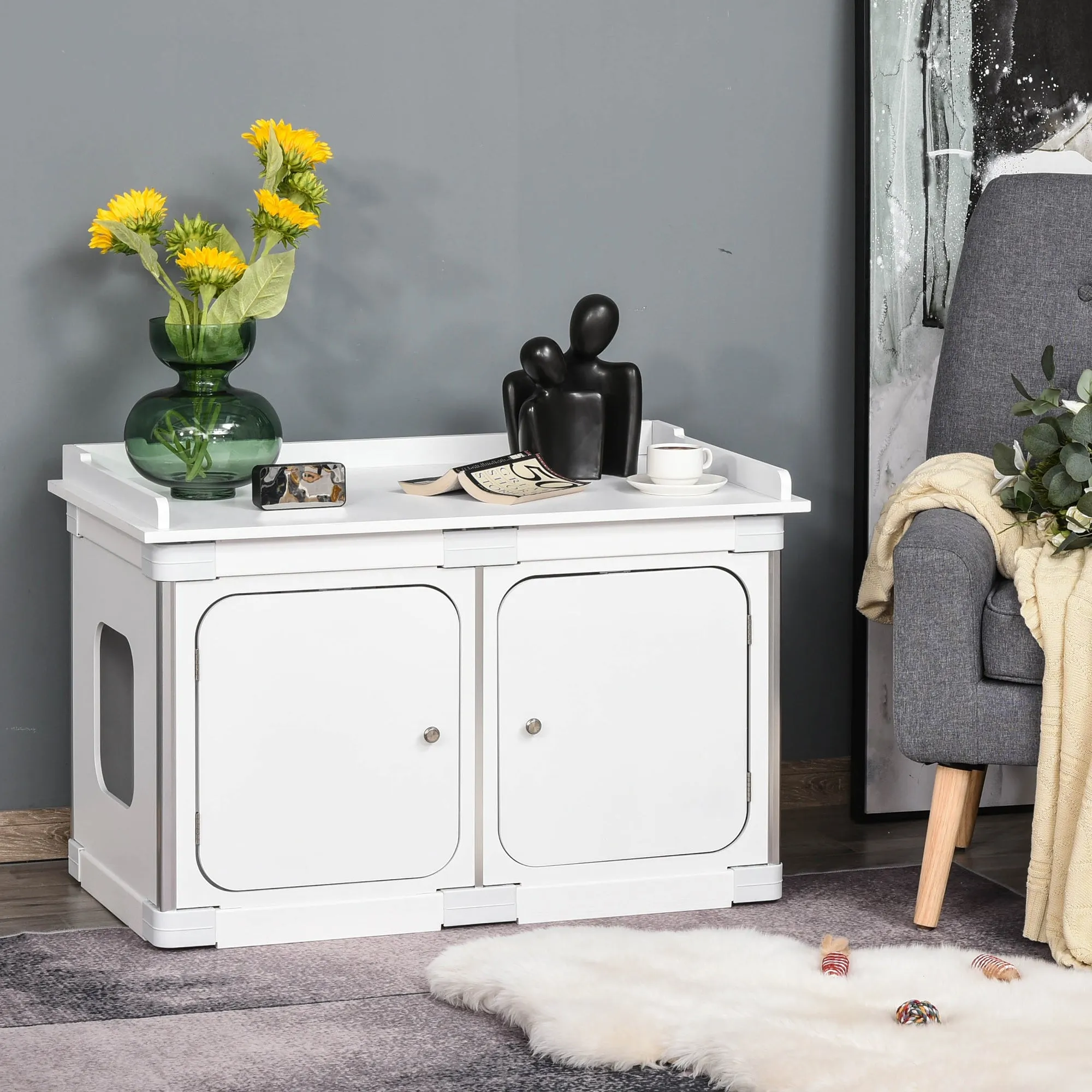 Wooden Cat Litter Box Washroom Toilet Home Nightstand Indoor w/ Partition Board