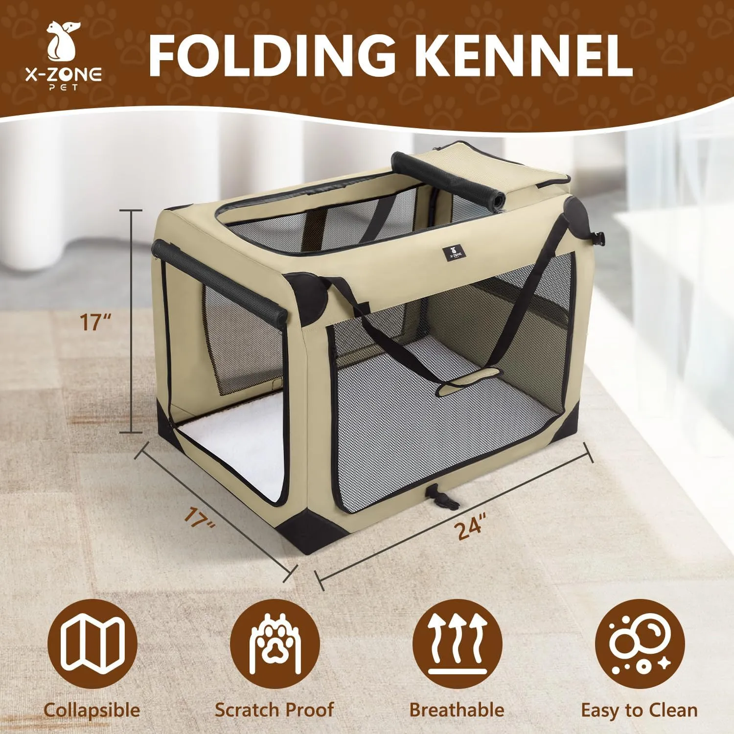 X-ZONE PET Dog Crate 3-Door Kennel, Collapsible Portable Soft Sided Pet Carriers for Indoor & Outdoor, Multiple (24-Inch, Rice White)