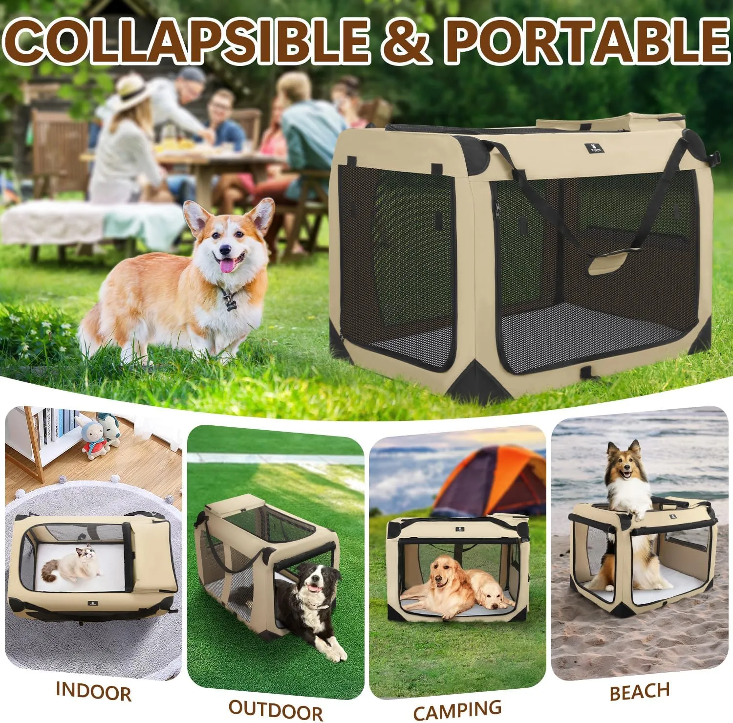 X-ZONE PET Dog Crate 3-Door Kennel, Collapsible Portable Soft Sided Pet Carriers for Indoor & Outdoor, Multiple (24-Inch, Rice White)
