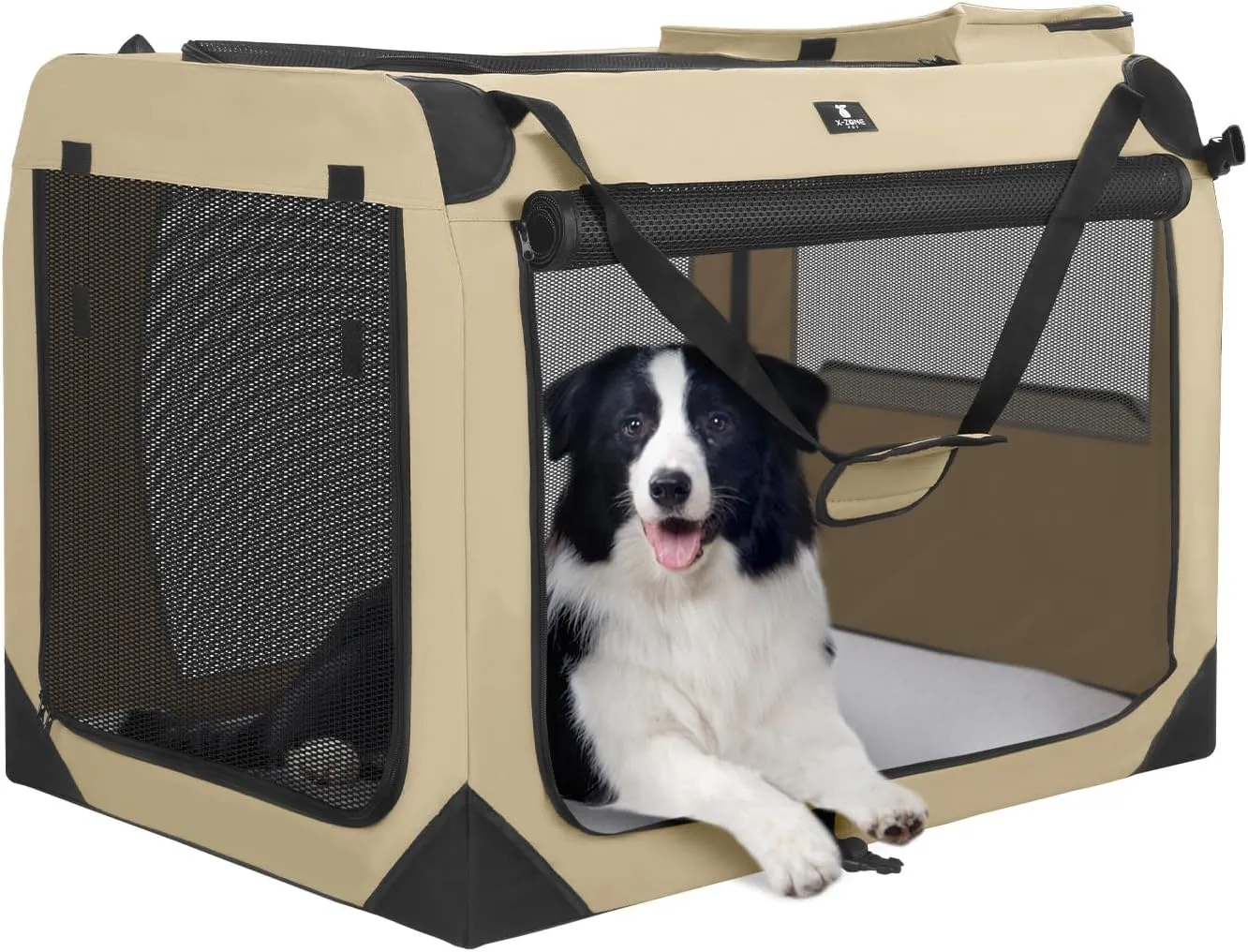X-ZONE PET Dog Crate 3-Door Kennel, Collapsible Portable Soft Sided Pet Carriers for Indoor & Outdoor, Multiple (24-Inch, Rice White)
