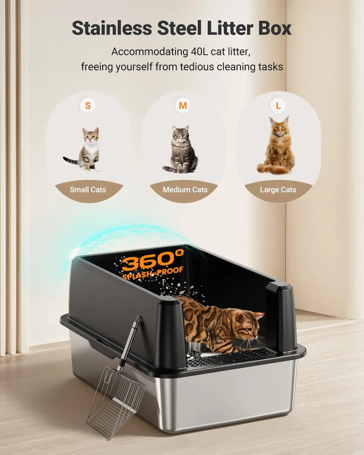 XL Stainless Steel Litter Box, Large Metal Cat Litter Box with High Sided for Big Cats, Enclosed Litter Boxes with Lid, Easy-Clean Cat Litter Mat & Scoop Kit, Anti-Urine Leakage (Black)